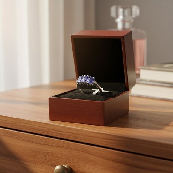 Tanzanite & Diamond Accent Rhodium Plated Sterling Silver Designer Ring Size 7 - Picture 3 of 5